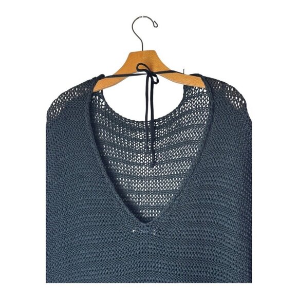 Zara Sweater Women Small Black Open Knit‎ V Back Fringe Sides Short Sleeve Tunic - Picture 4 of 12